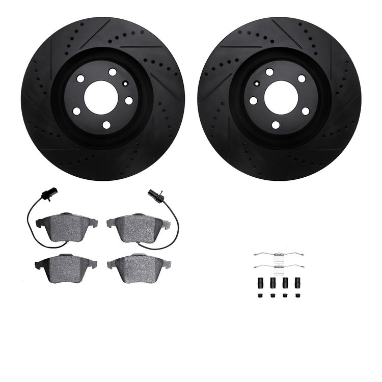 8512-73250 Drilled/Slotted Brake Rotors w/5000 Advanced Brake Pads Kit & Hardware [Black], 2005-2011 Audi/Volkswagen, Position: 
