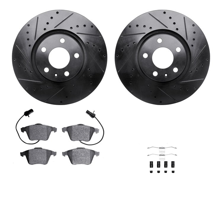 8512-73298 Drilled/Slotted Brake Rotors w/5000 Advanced Brake Pads Kit & Hardware [Black], 2005-2011 Audi/Volkswagen, Position: 