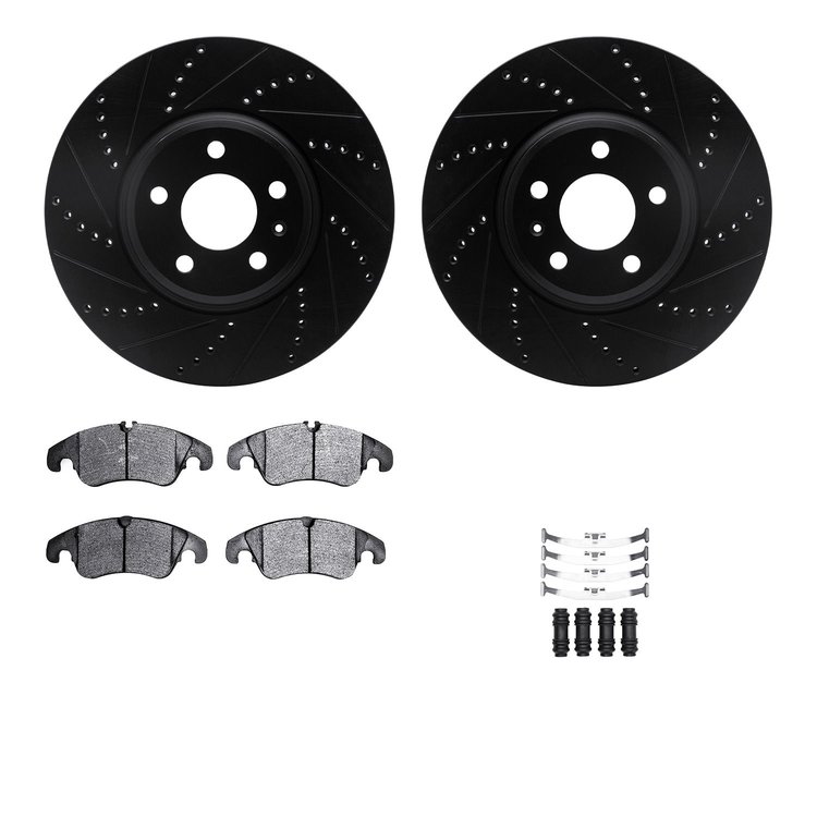 8512-73326 Drilled/Slotted Brake Rotors w/5000 Advanced Brake Pads Kit & Hardware [Black], 2008-2011 Audi/Volkswagen, Position: 