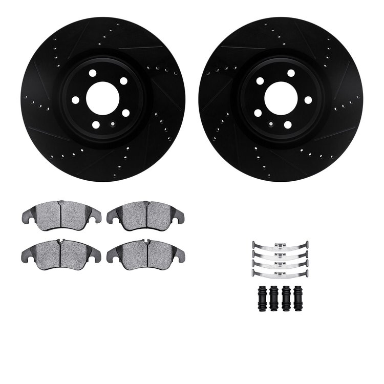 8512-73407 Drilled/Slotted Brake Rotors w/5000 Advanced Brake Pads Kit & Hardware [Black], 2012-2017 Audi/Volkswagen, Position: 