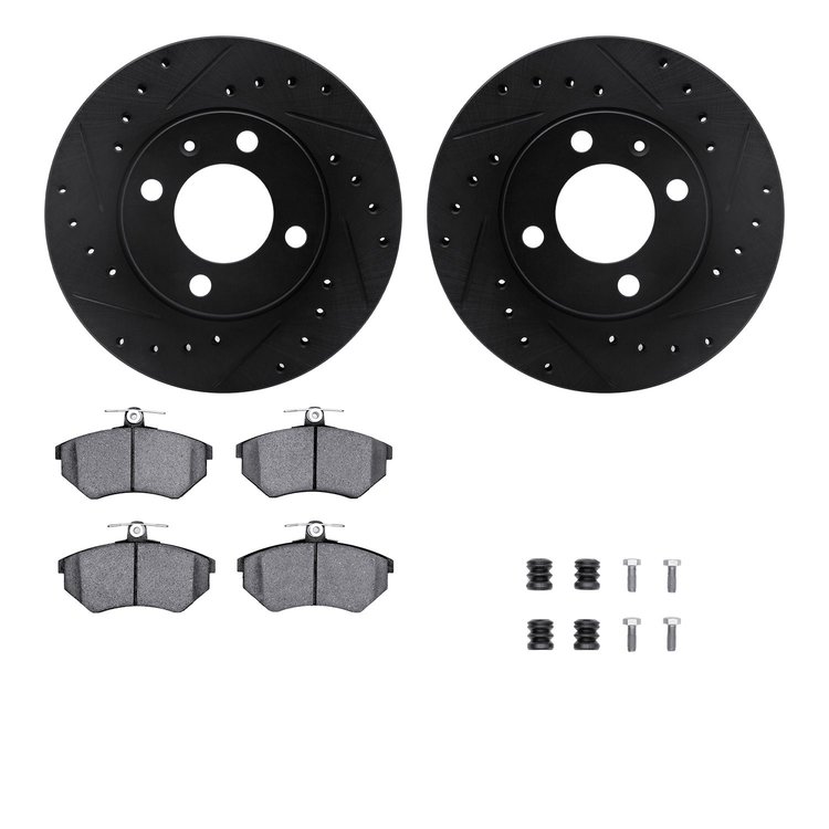 8512-74003 Drilled/Slotted Brake Rotors w/5000 Advanced Brake Pads Kit & Hardware [Black], 1988-1988 Audi/Volkswagen, Position: 