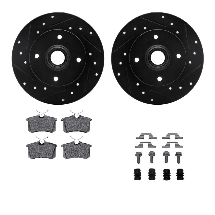 8512-74004 Drilled/Slotted Brake Rotors w/5000 Advanced Brake Pads Kit & Hardware [Black], 1999-1999 Audi/Volkswagen, Position: 