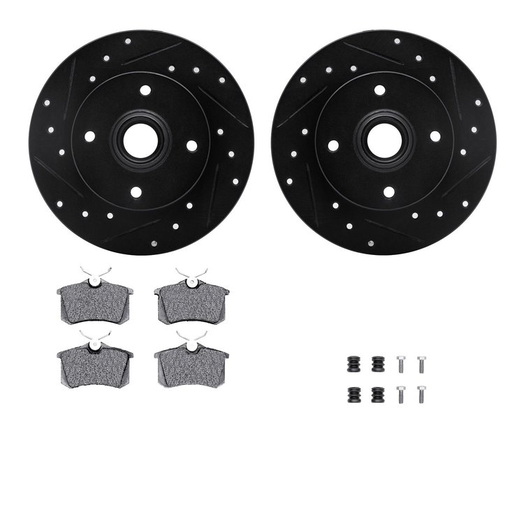 8512-74005 Drilled/Slotted Brake Rotors w/5000 Advanced Brake Pads Kit & Hardware [Black], 1997-1998 Audi/Volkswagen, Position: 