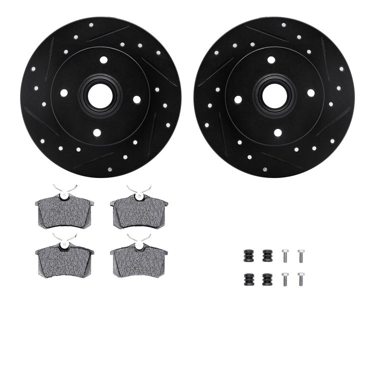 8512-74007 Drilled/Slotted Brake Rotors w/5000 Advanced Brake Pads Kit & Hardware [Black], 1985-1998 Audi/Volkswagen, Position: 