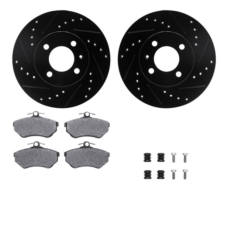 8512-74009 Drilled/Slotted Brake Rotors w/5000 Advanced Brake Pads Kit & Hardware [Black], 1993-1993 Audi/Volkswagen, Position: 