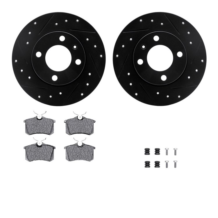 8512-74010 Drilled/Slotted Brake Rotors w/5000 Advanced Brake Pads Kit & Hardware [Black], 1986-1988 Audi/Volkswagen, Position: 
