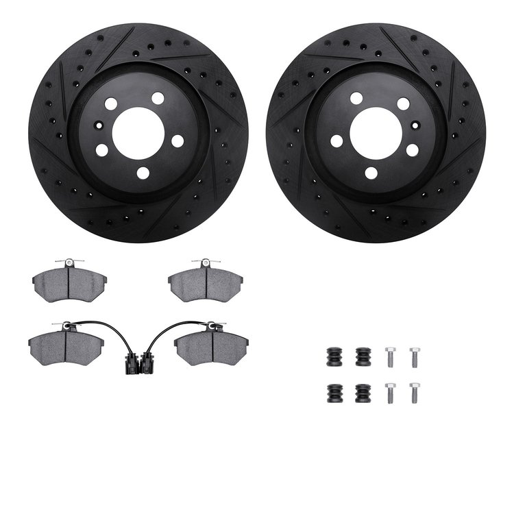 8512-74012 Drilled/Slotted Brake Rotors w/5000 Advanced Brake Pads Kit & Hardware [Black], 1994-1995 Audi/Volkswagen, Position: 