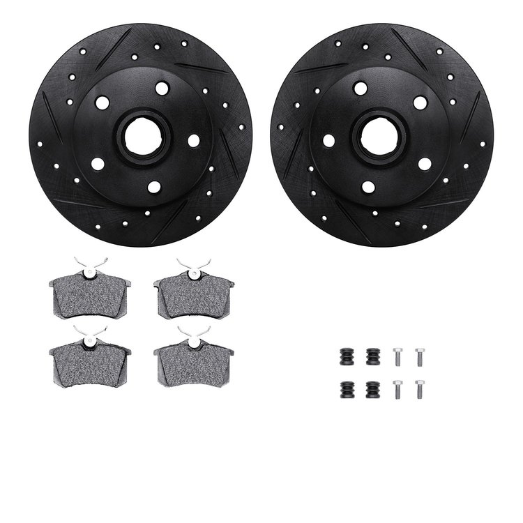 8512-74015 Drilled/Slotted Brake Rotors w/5000 Advanced Brake Pads Kit & Hardware [Black], 1994-1998 Audi/Volkswagen, Position: 