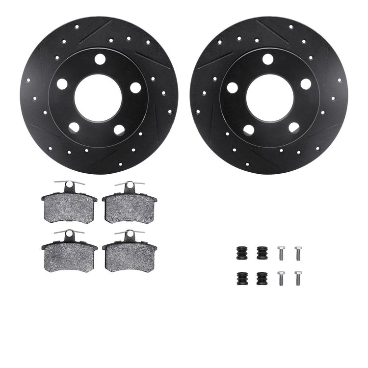 8512-74016 Drilled/Slotted Brake Rotors w/5000 Advanced Brake Pads Kit & Hardware [Black], 1992-1998 Audi/Volkswagen, Position: 