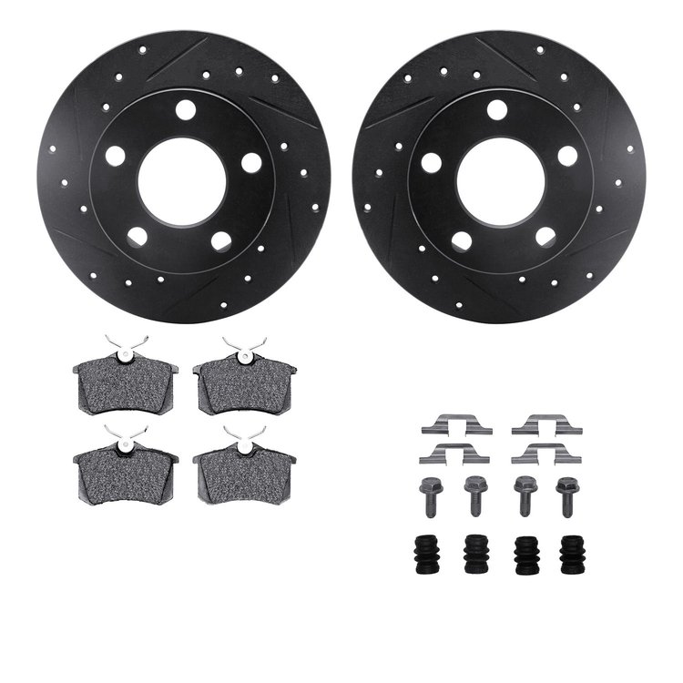 8512-74018 Drilled/Slotted Brake Rotors w/5000 Advanced Brake Pads Kit & Hardware [Black], 2002-2004 Audi/Volkswagen, Position: 
