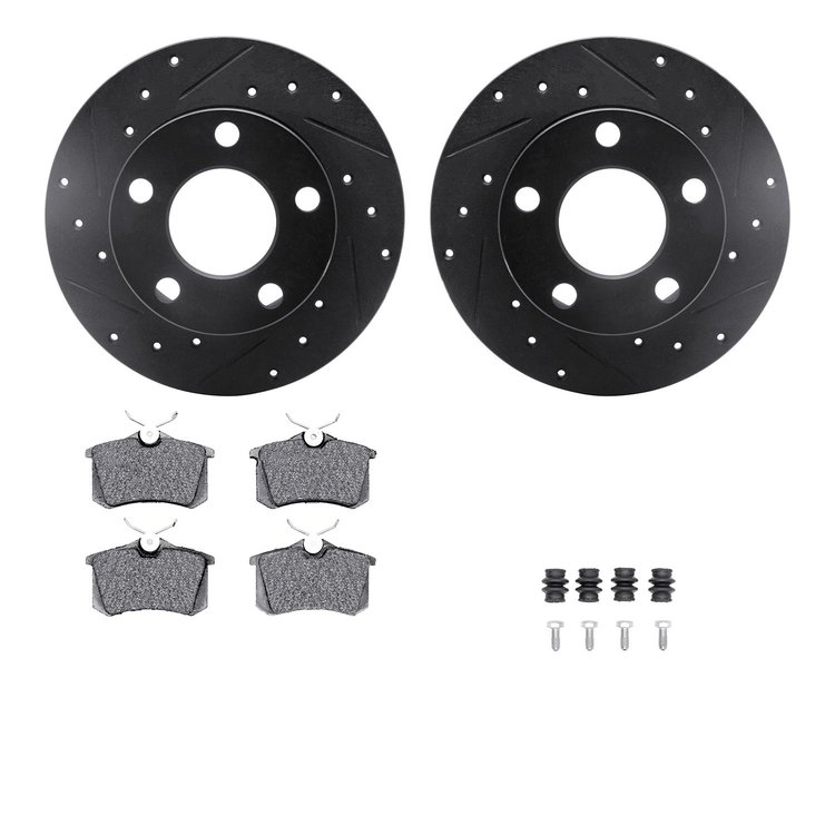 8512-74019 Drilled/Slotted Brake Rotors w/5000 Advanced Brake Pads Kit & Hardware [Black], 1999-2001 Audi/Volkswagen, Position: 