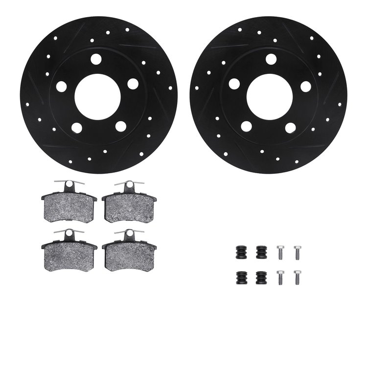 8512-74023 Drilled/Slotted Brake Rotors w/5000 Advanced Brake Pads Kit & Hardware [Black], 1996-2001 Audi/Volkswagen, Position: 