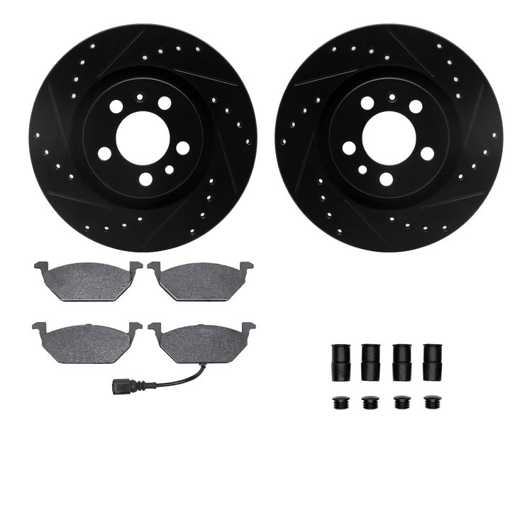 8512-74027 Drilled/Slotted Brake Rotors w/5000 Advanced Brake Pads Kit & Hardware [Black], 1998-1999 Audi/Volkswagen, Position: 