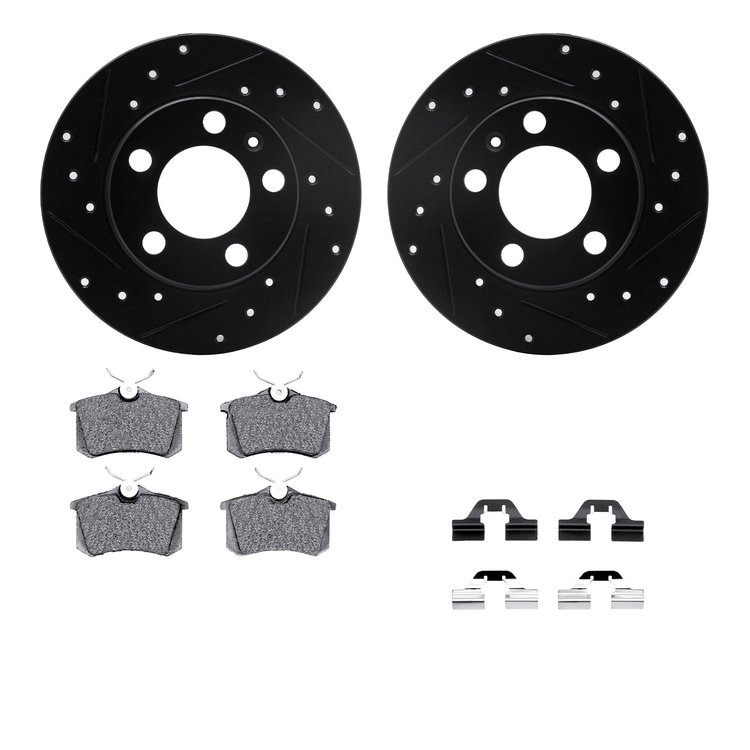 8512-74032 Drilled/Slotted Brake Rotors w/5000 Advanced Brake Pads Kit & Hardware [Black], 1999-2006 Audi/Volkswagen, Position: 