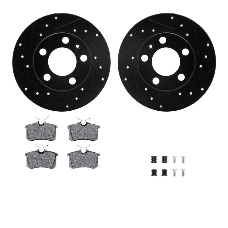 8512-74035 Drilled/Slotted Brake Rotors w/5000 Advanced Brake Pads Kit & Hardware [Black], 1998-1998 Audi/Volkswagen, Position: 