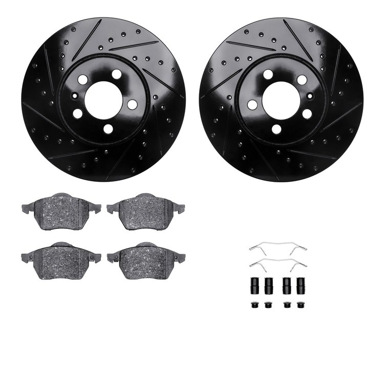 8512-74036 Drilled/Slotted Brake Rotors w/5000 Advanced Brake Pads Kit & Hardware [Black], 1999-1999 Audi/Volkswagen, Position: 