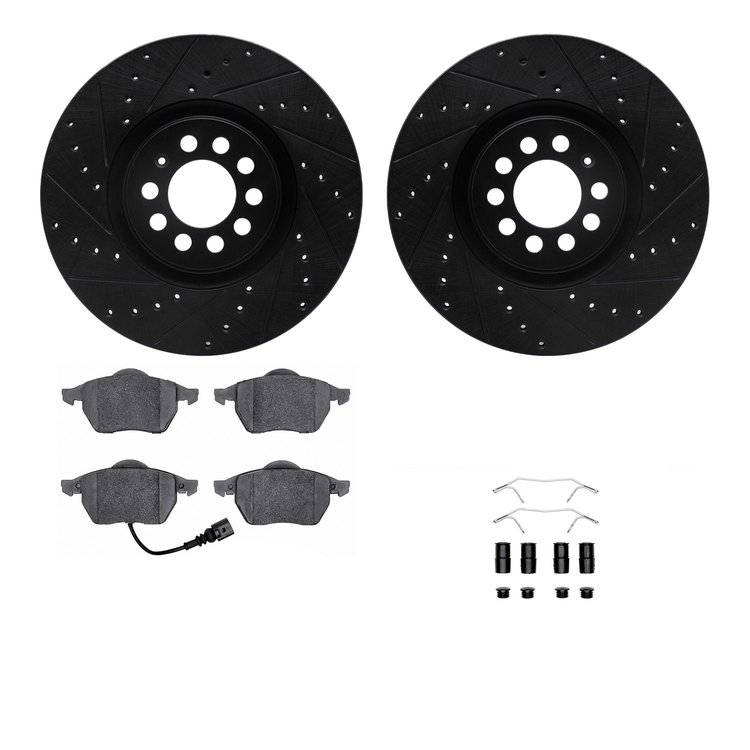 8512-74043 Drilled/Slotted Brake Rotors w/5000 Advanced Brake Pads Kit & Hardware [Black], 2000-2006 Audi/Volkswagen, Position: 
