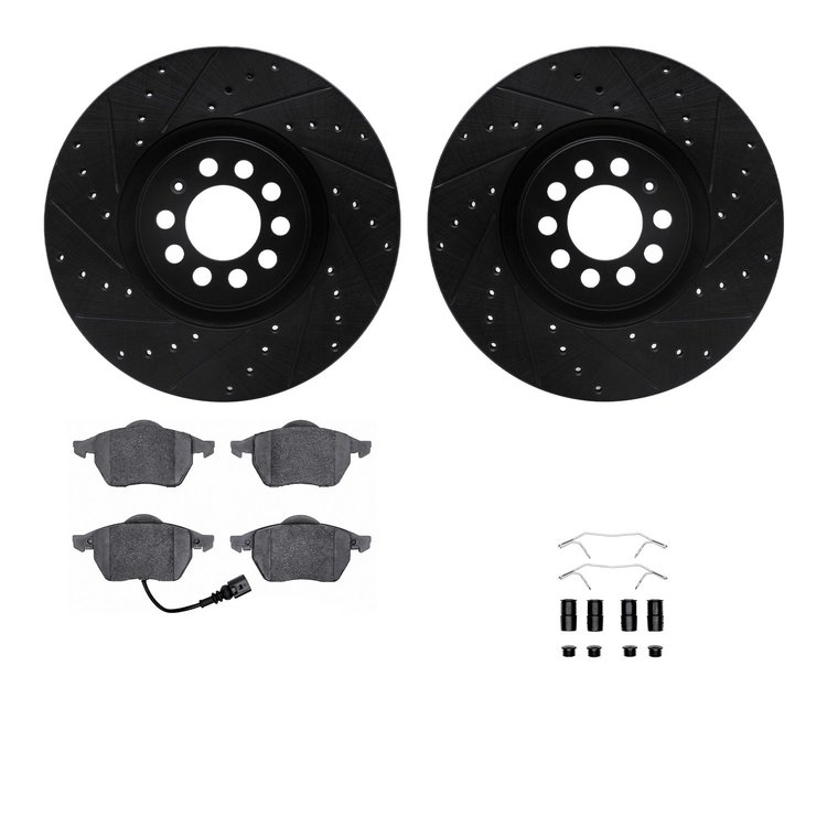 8512-74044 Drilled/Slotted Brake Rotors w/5000 Advanced Brake Pads Kit & Hardware [Black], 2001-2006 Audi/Volkswagen, Position: 