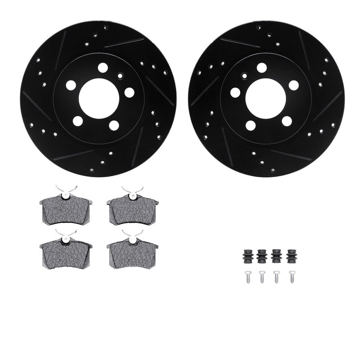 8512-74045 Drilled/Slotted Brake Rotors w/5000 Advanced Brake Pads Kit & Hardware [Black], 2004-2004 Audi/Volkswagen, Position: 