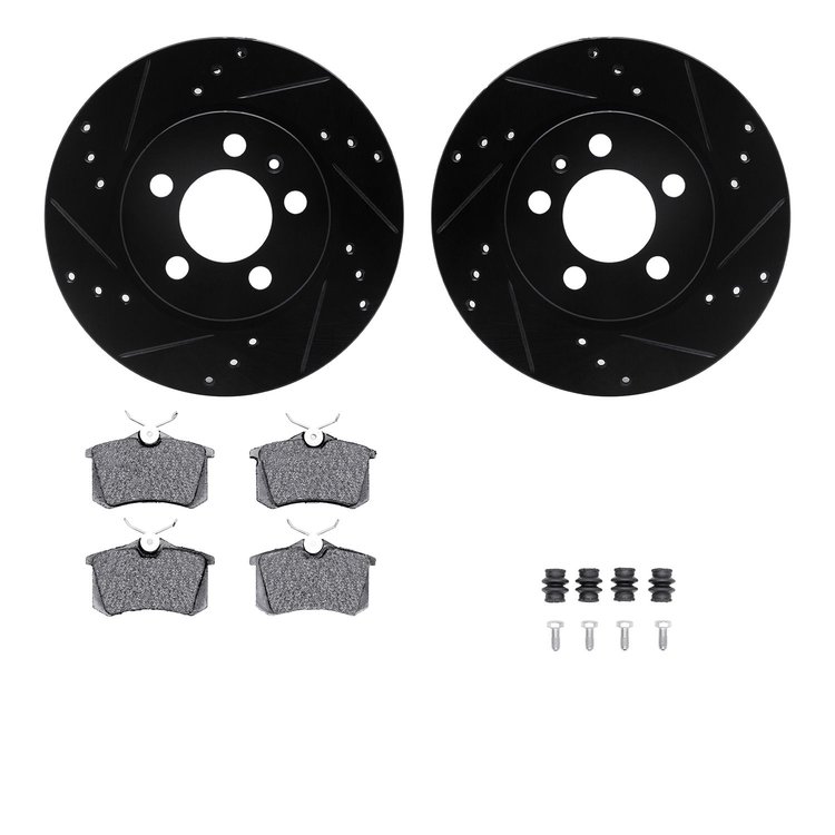 8512-74047 Drilled/Slotted Brake Rotors w/5000 Advanced Brake Pads Kit & Hardware [Black], 2000-2006 Audi/Volkswagen, Position: 