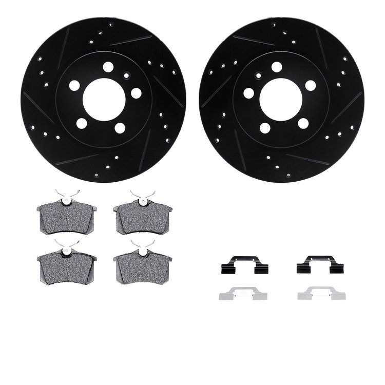 8512-74048 Drilled/Slotted Brake Rotors w/5000 Advanced Brake Pads Kit & Hardware [Black], 2003-2006 Audi/Volkswagen, Position: 