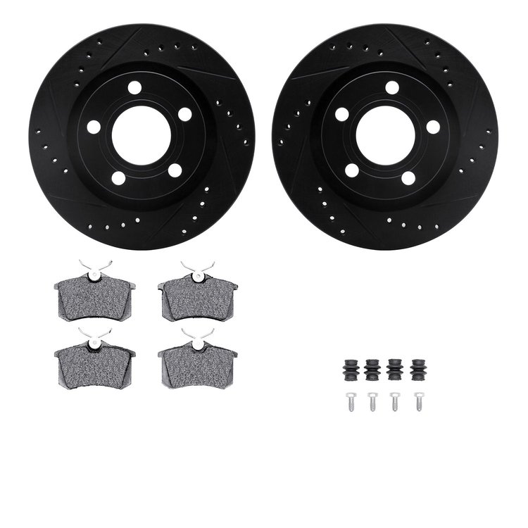 8512-74049 Drilled/Slotted Brake Rotors w/5000 Advanced Brake Pads Kit & Hardware [Black], 1999-2004 Audi/Volkswagen, Position: 