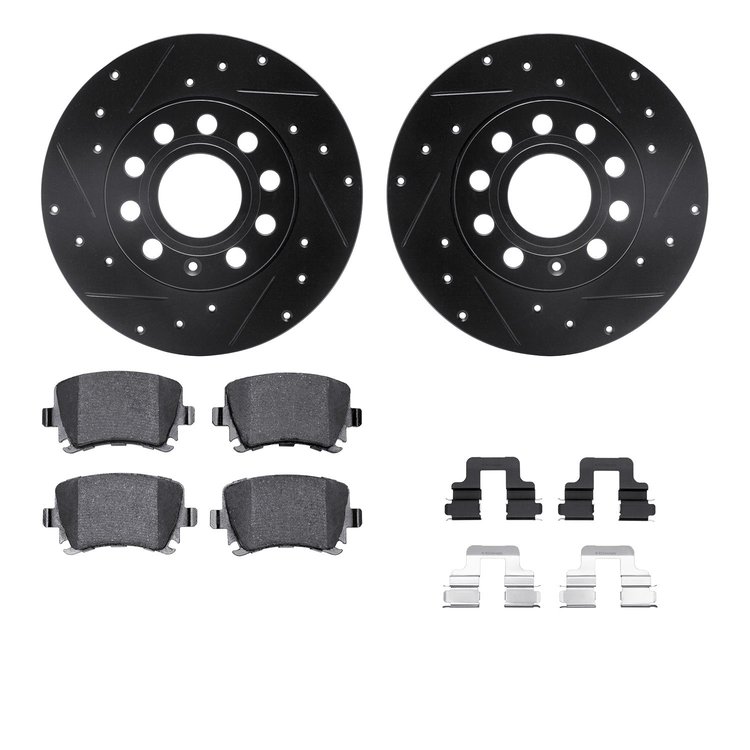8512-74052 Drilled/Slotted Brake Rotors w/5000 Advanced Brake Pads Kit & Hardware [Black], 2005-2010 Audi/Volkswagen, Position: 