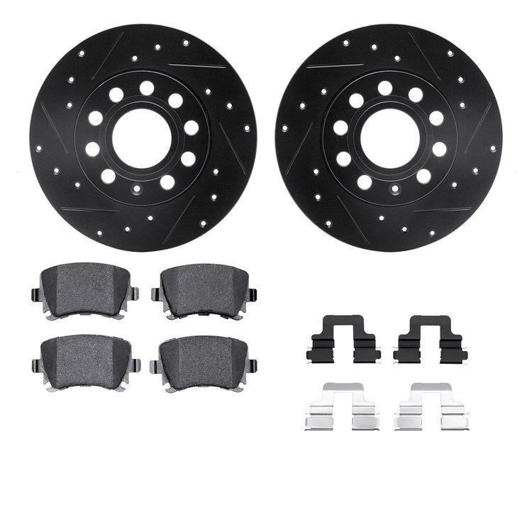 8512-74053 Drilled/Slotted Brake Rotors w/5000 Advanced Brake Pads Kit & Hardware [Black], 2005-2013 Audi/Volkswagen, Position: 