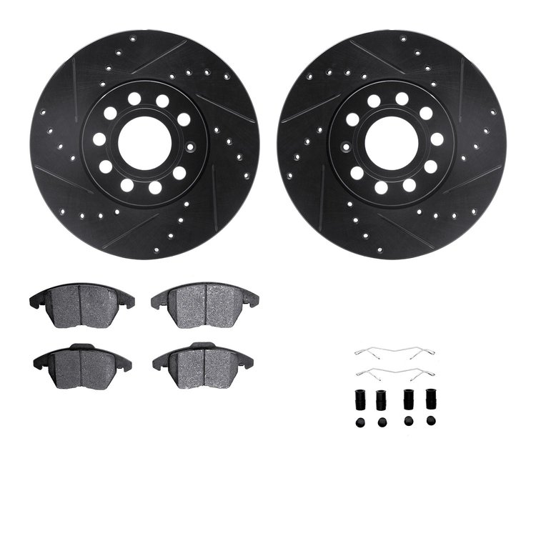 8512-74054 Drilled/Slotted Brake Rotors w/5000 Advanced Brake Pads Kit & Hardware [Black], 2005-2018 Audi/Volkswagen, Position: 
