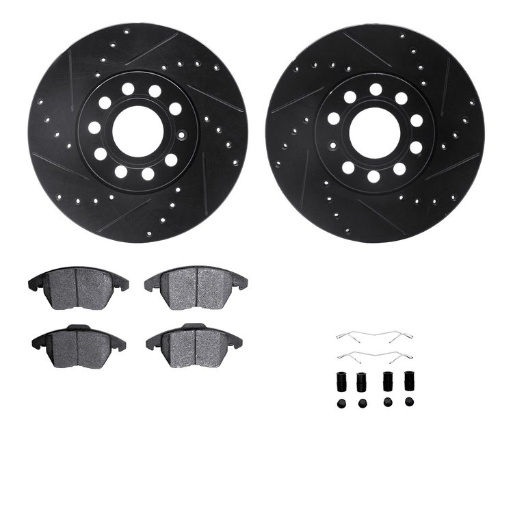 8512-74055 Drilled/Slotted Brake Rotors w/5000 Advanced Brake Pads Kit & Hardware [Black], 2005-2013 Audi/Volkswagen, Position: 