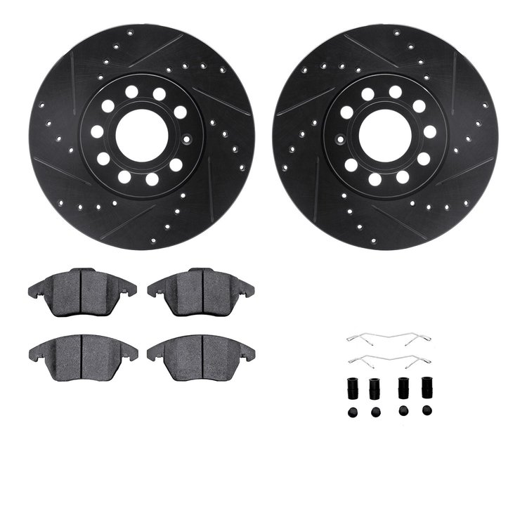 8512-74056 Drilled/Slotted Brake Rotors w/5000 Advanced Brake Pads Kit & Hardware [Black], 2011-2019 Audi/Volkswagen, Position: 