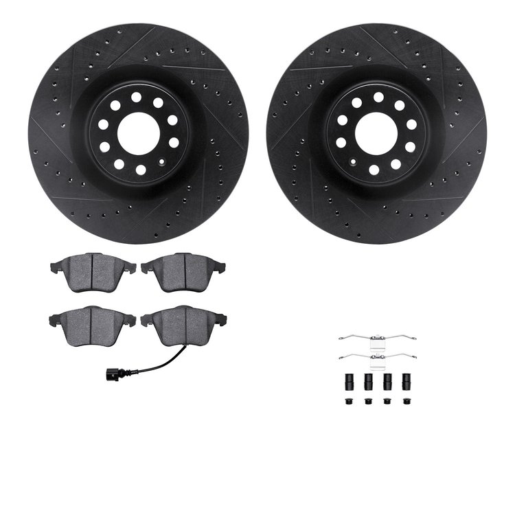 8512-74057 Drilled/Slotted Brake Rotors w/5000 Advanced Brake Pads Kit & Hardware [Black], 2008-2013 Audi/Volkswagen, Position: 