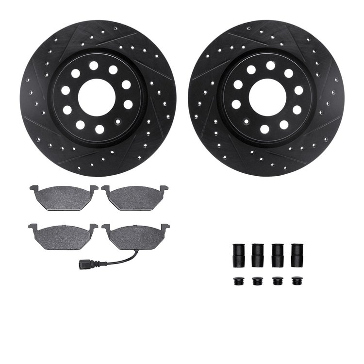 8512-74066 Drilled/Slotted Brake Rotors w/5000 Advanced Brake Pads Kit & Hardware [Black], 2011-2015 Audi/Volkswagen, Position: 