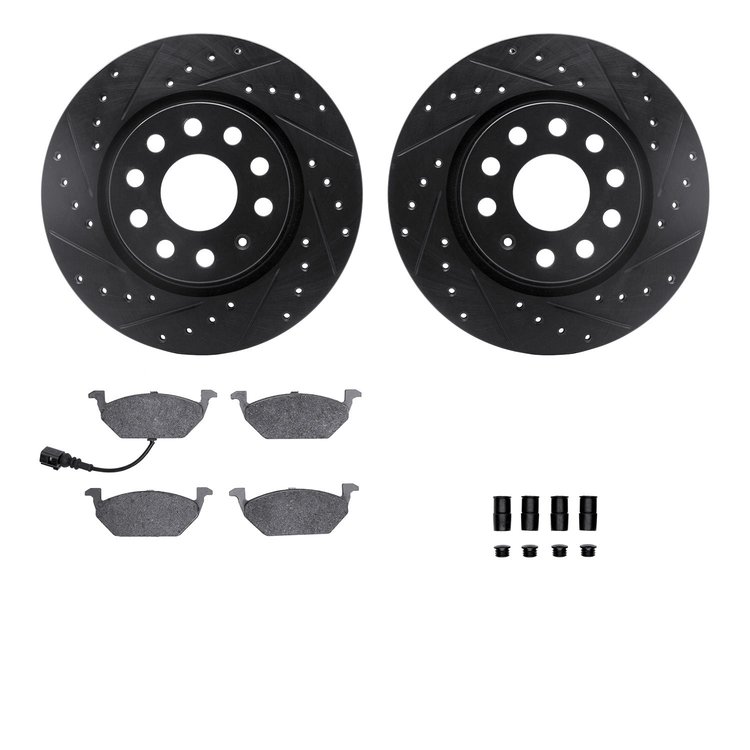 8512-74067 Drilled/Slotted Brake Rotors w/5000 Advanced Brake Pads Kit & Hardware [Black], 2005-2010 Audi/Volkswagen, Position: 