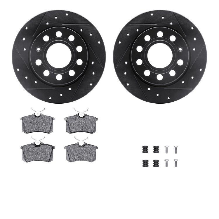 8512-74068 Drilled/Slotted Brake Rotors w/5000 Advanced Brake Pads Kit & Hardware [Black], 2010-2013 Audi/Volkswagen, Position: 