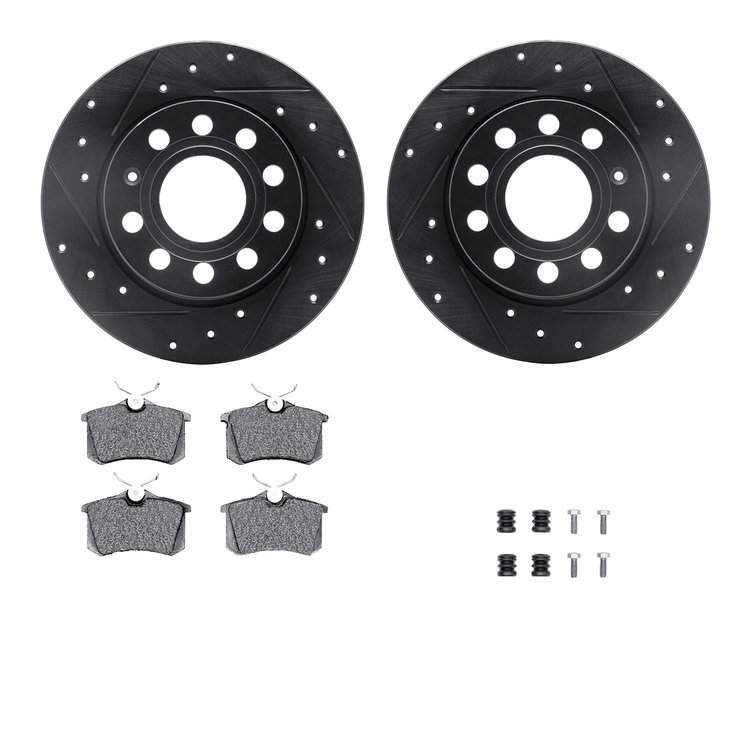 8512-74069 Drilled/Slotted Brake Rotors w/5000 Advanced Brake Pads Kit & Hardware [Black], 2012-2019 Audi/Volkswagen, Position: 