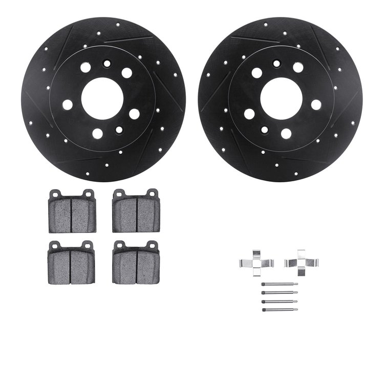 8512-74072 Drilled/Slotted Brake Rotors w/5000 Advanced Brake Pads Kit & Hardware [Black], 1972-1978 Audi/Volkswagen, Position: 