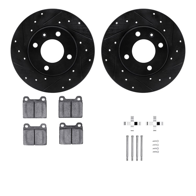 8512-74075 Drilled/Slotted Brake Rotors w/5000 Advanced Brake Pads Kit & Hardware [Black], 1973-1980 Audi/Volkswagen, Position: 