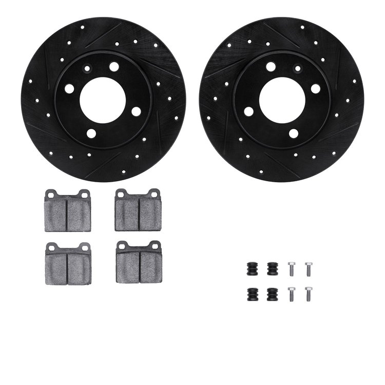 8512-74078 Drilled/Slotted Brake Rotors w/5000 Advanced Brake Pads Kit & Hardware [Black], 1977-1977 Audi/Volkswagen, Position: 