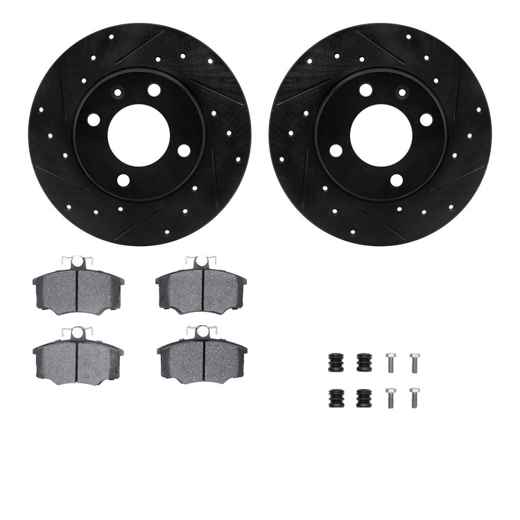 8512-74080 Drilled/Slotted Brake Rotors w/5000 Advanced Brake Pads Kit & Hardware [Black], 1977-1983 Audi/Volkswagen, Position: 