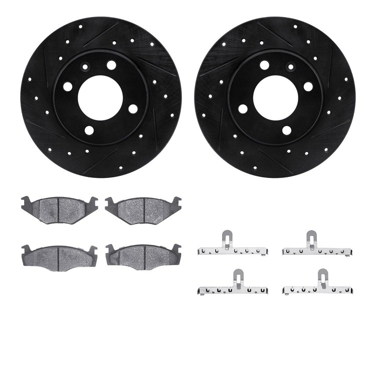 8512-74081 Drilled/Slotted Brake Rotors w/5000 Advanced Brake Pads Kit & Hardware [Black], 1984-1992 Audi/Volkswagen, Position: 