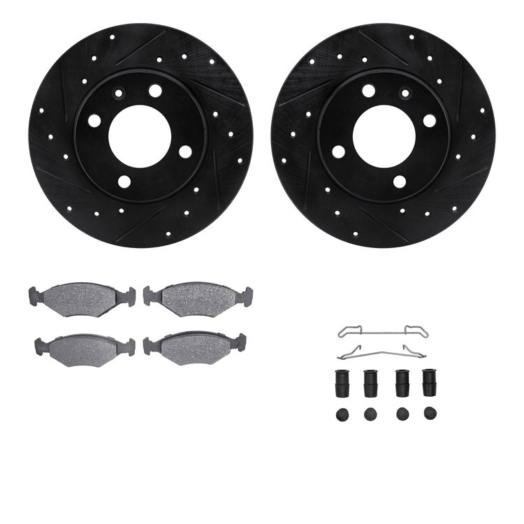 8512-74082 Drilled/Slotted Brake Rotors w/5000 Advanced Brake Pads Kit & Hardware [Black], 1987-1993 Audi/Volkswagen, Position: 