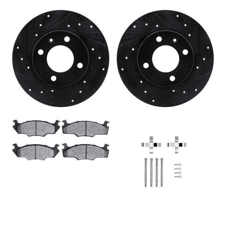8512-74083 Drilled/Slotted Brake Rotors w/5000 Advanced Brake Pads Kit & Hardware [Black], 1980-1984 Audi/Volkswagen, Position: 