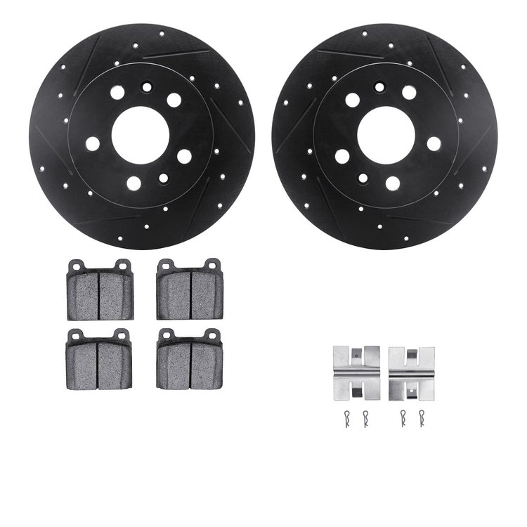 8512-74084 Drilled/Slotted Brake Rotors w/5000 Advanced Brake Pads Kit & Hardware [Black], 1973-1978 Audi/Volkswagen, Position: 