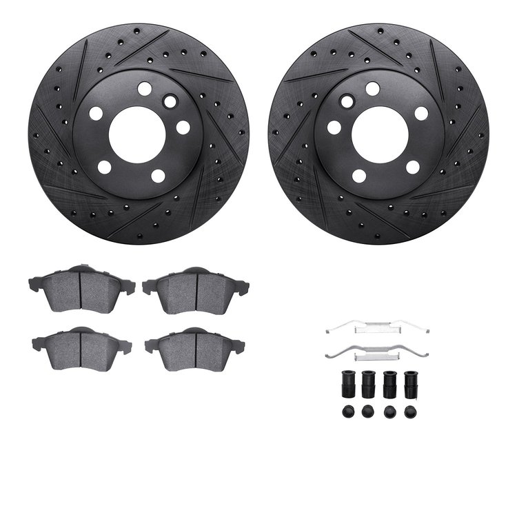 8512-74095 Drilled/Slotted Brake Rotors w/5000 Advanced Brake Pads Kit & Hardware [Black], 1996-1996 Audi/Volkswagen, Position: 
