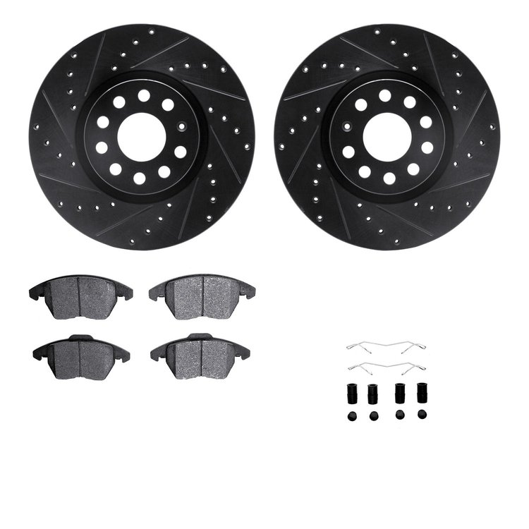 8512-74105 Drilled/Slotted Brake Rotors w/5000 Advanced Brake Pads Kit & Hardware [Black], 2006-2017 Audi/Volkswagen, Position: 