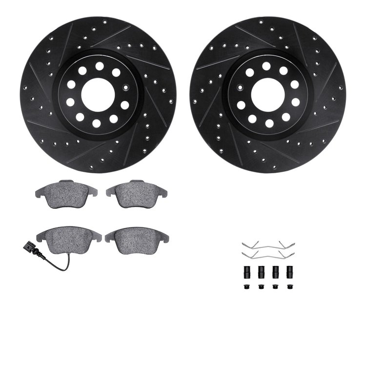 8512-74112 Drilled/Slotted Brake Rotors w/5000 Advanced Brake Pads Kit & Hardware [Black], 2009-2013 Audi/Volkswagen, Position: 