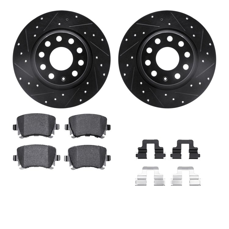 8512-74113 Drilled/Slotted Brake Rotors w/5000 Advanced Brake Pads Kit & Hardware [Black], 2005-2010 Audi/Volkswagen, Position: 