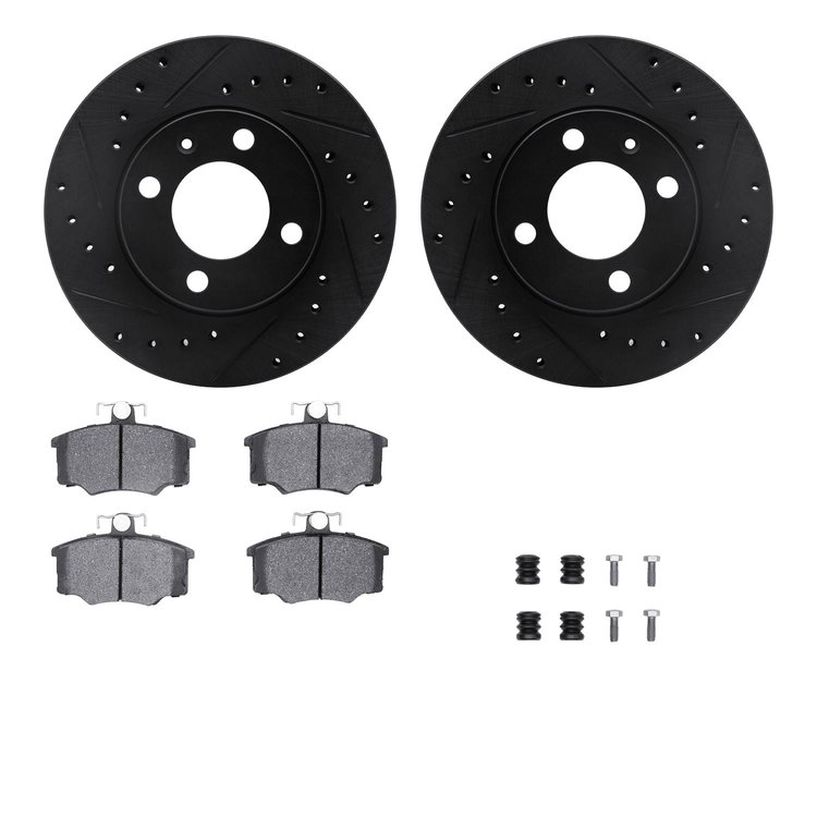 8512-74119 Drilled/Slotted Brake Rotors w/5000 Advanced Brake Pads Kit & Hardware [Black], 1984-1987 Audi/Volkswagen, Position: 