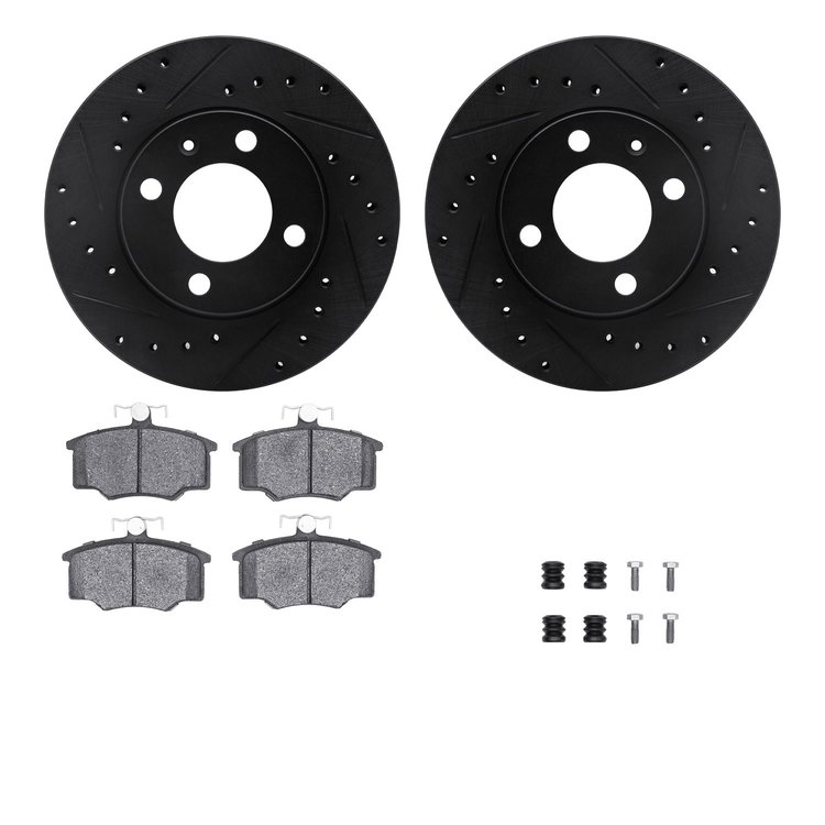 8512-74120 Drilled/Slotted Brake Rotors w/5000 Advanced Brake Pads Kit & Hardware [Black], 1982-1983 Audi/Volkswagen, Position: 